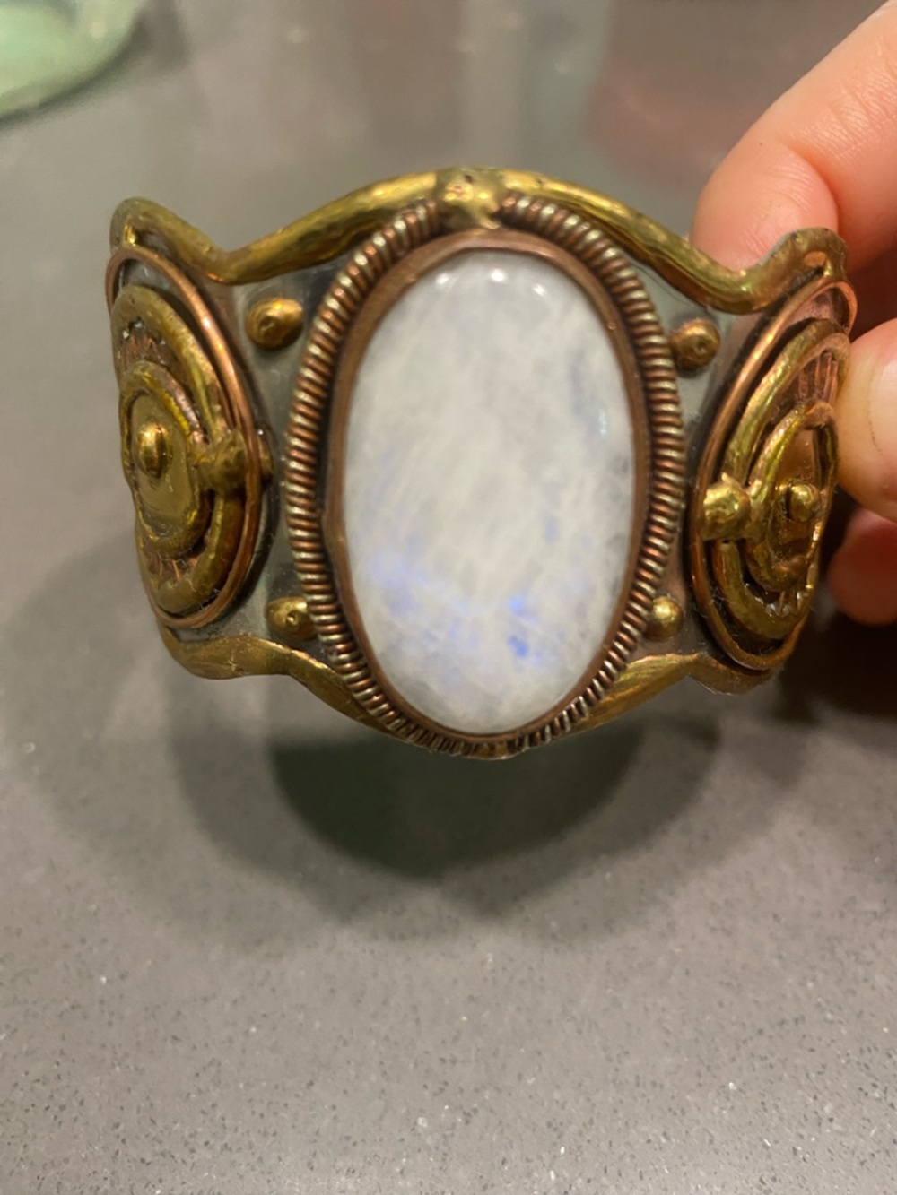 Handcrafted Moonstone Statement Cuff Bracelet - White & Gold